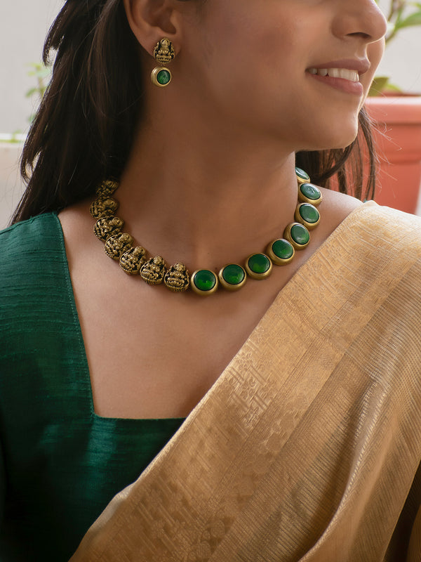 Antique Gold and Green Coin and Lakshmi Design Handmade Terracotta Necklace Set