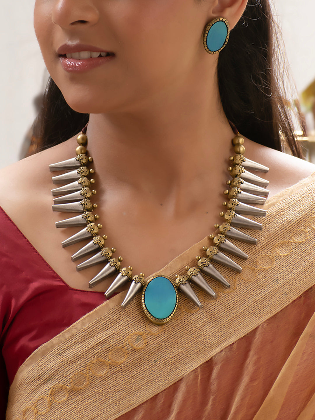 Antique Gold Antique Silver and Blue Spike Boho Tribal Design Handmade Terracotta Necklace Set