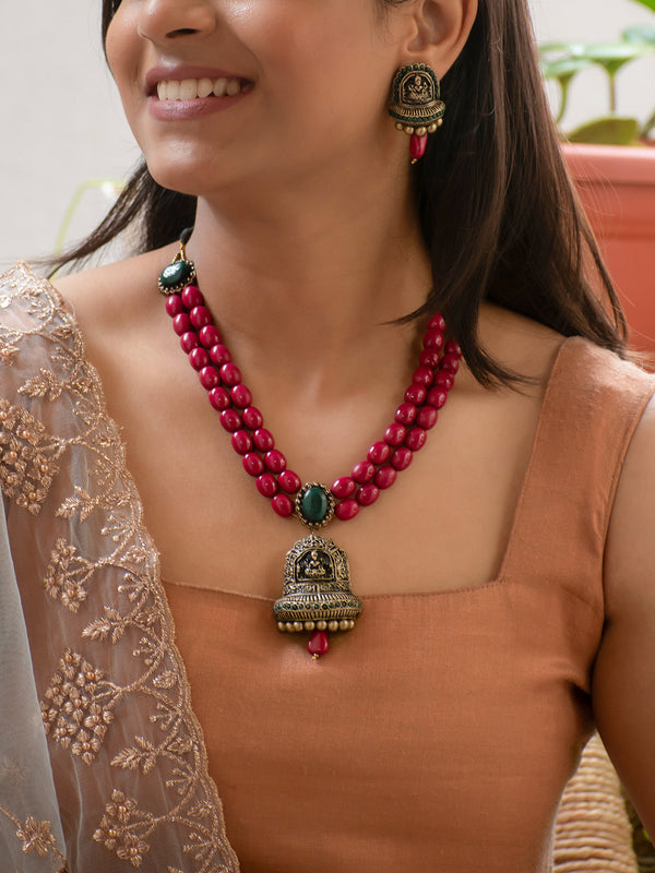 Lakshmi Design Handmade Terracotta Necklace Set in Purple, Green, and Gold with Crimson Accents