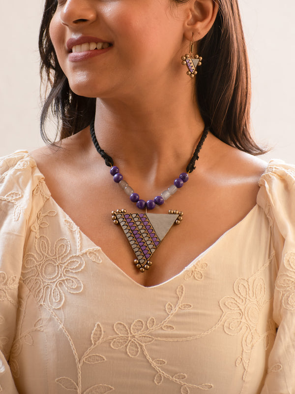 Lavender and Grey Geometric Design Handmade Terracotta Necklace Set