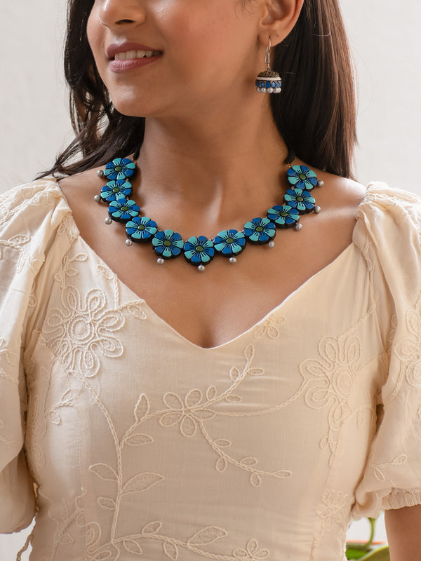 Blue Floral Design Handmade Terracotta Necklace Set