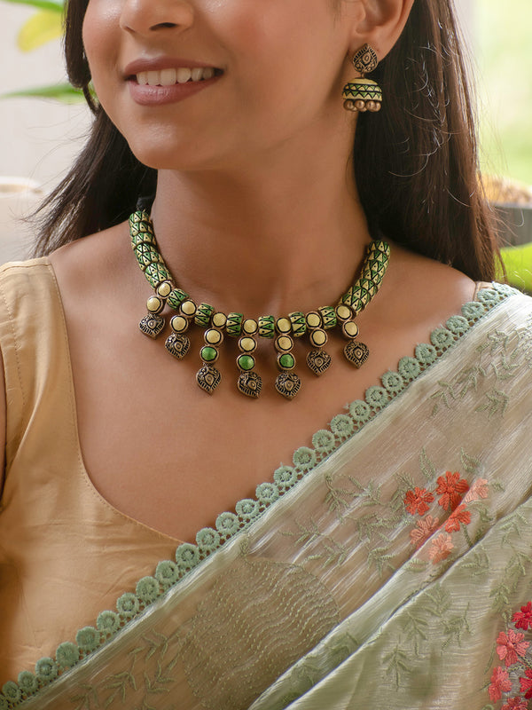 Green & Yellow Ethnic Beaded Necklace Set with Antique Finish Handmade Terracotta Necklace Set