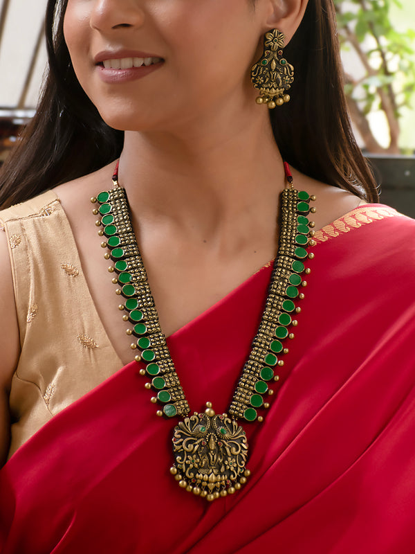 Antique Gold Green Lakshmi Design Circular Pattern Haram Style Handmade Terracotta Necklace Set