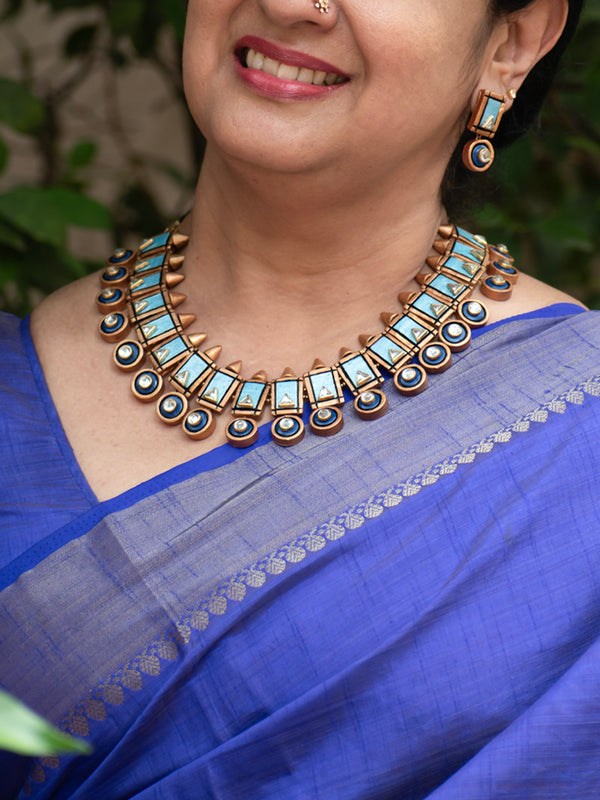 Antique Gold Blue  Geometric Design Kundan Fusion Handmade Terracotta Necklace Set