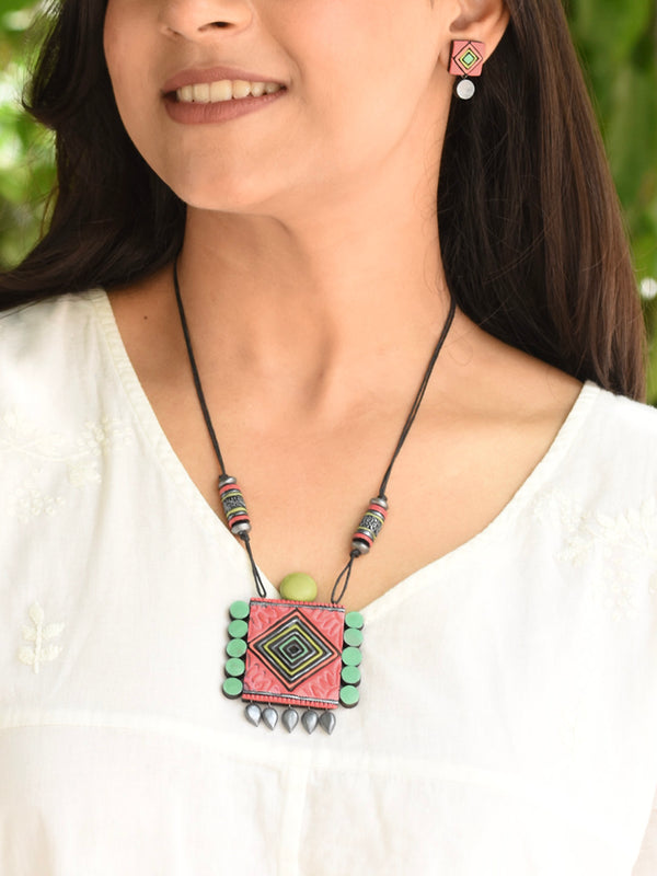 Pink Orange Pastel Shades of Green Square Pendant Spiral Rhombus Handmade Terracotta Necklace Set