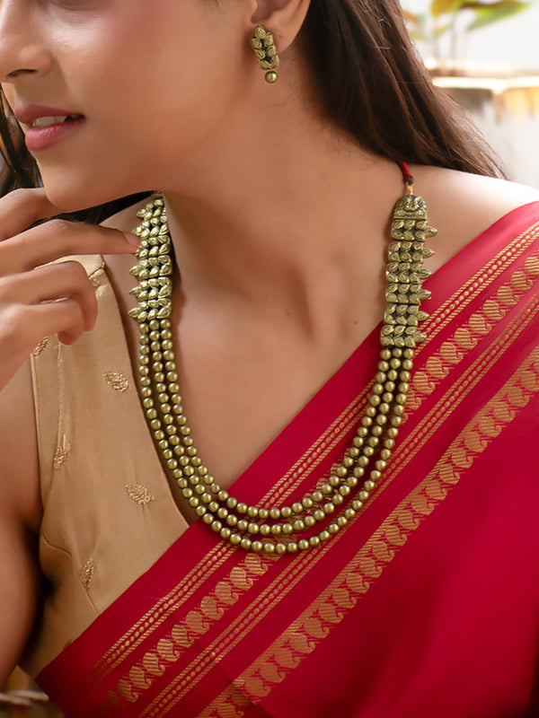 Antique Gold Colour Rani Haar 3 Layered Beads Handmade Terracotta Necklace Set