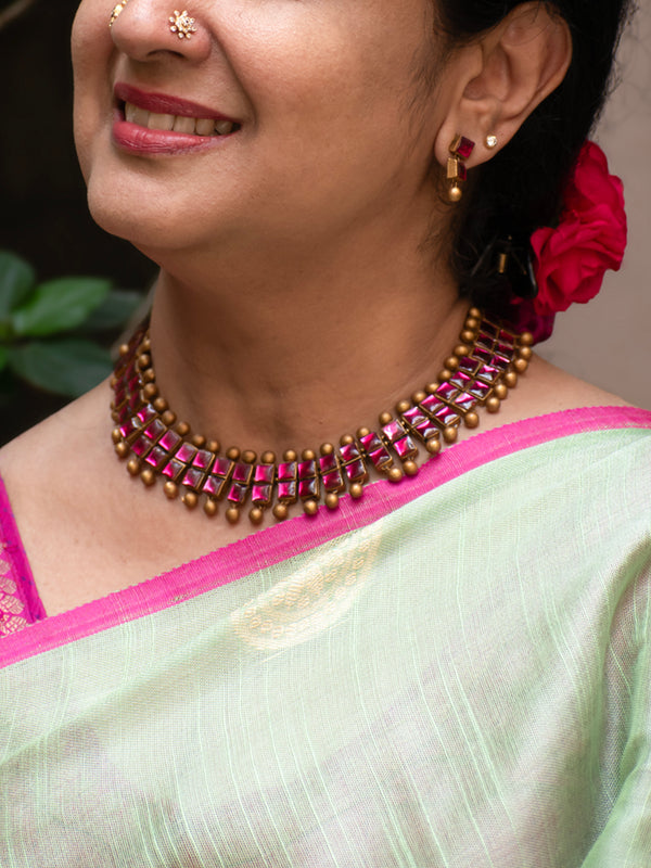 Pink and Gold Square Design Pattern Kundan Fusion Handmade Terracotta Necklace Set