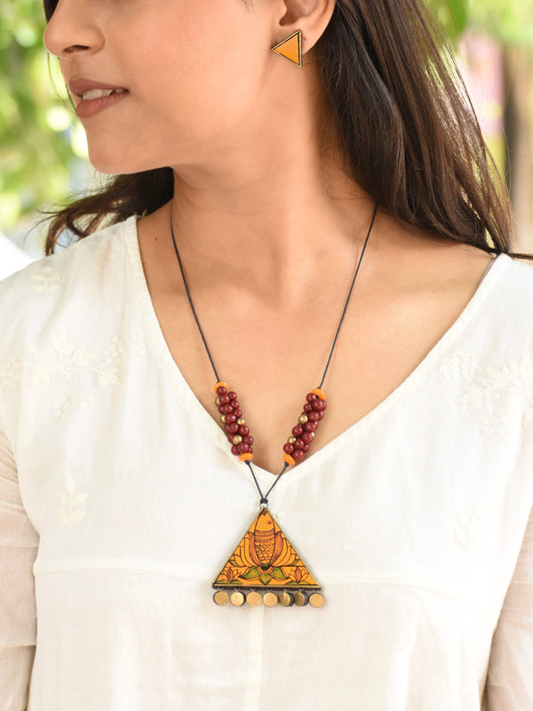 Yellow Maroon Antique Gold Triangular Pendant Fish Art Work Handmade Terracotta Necklace Set for Sangeet