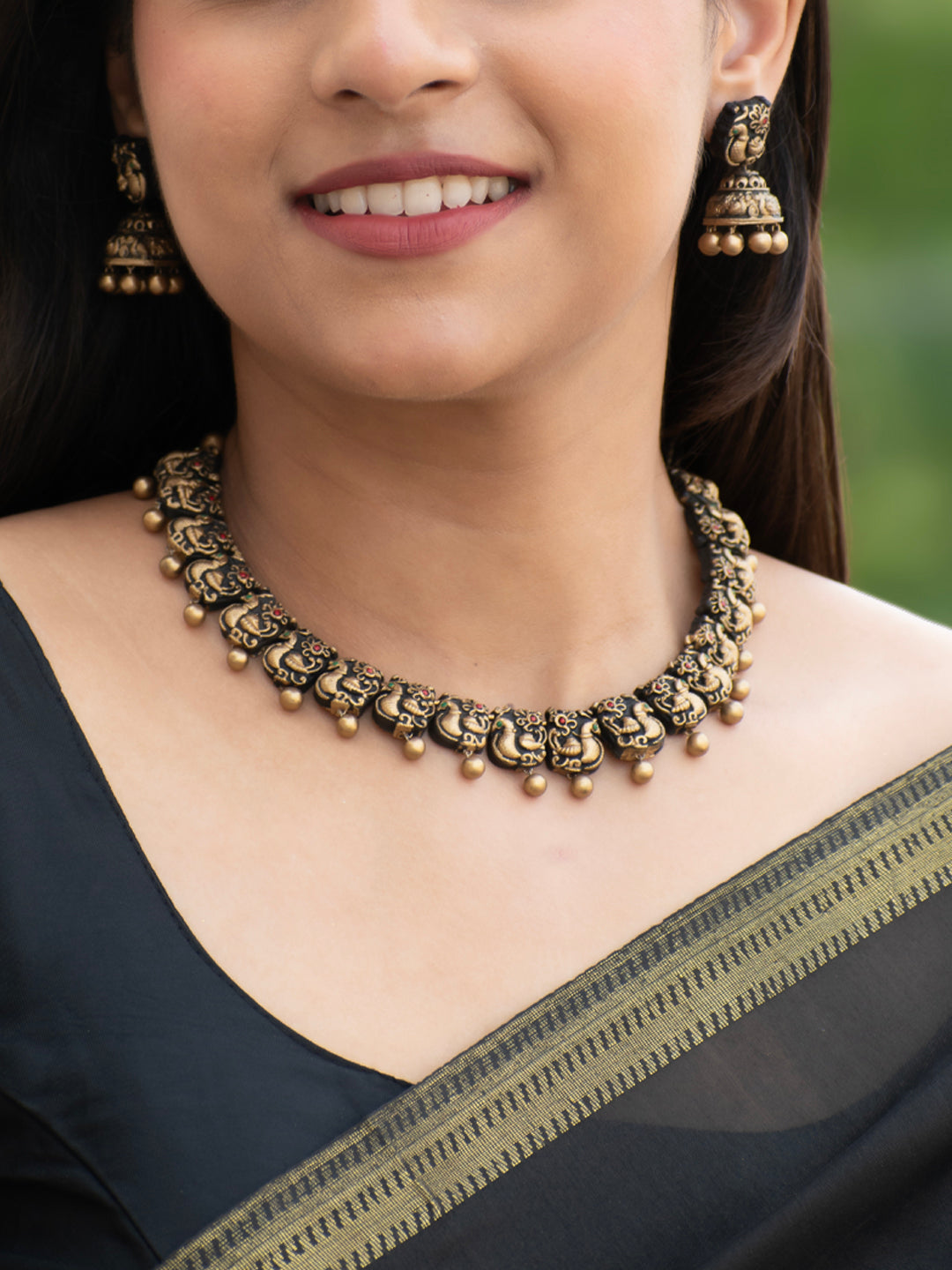 Antique Gold Red Green Peacock Design Handmade Terracotta Necklace Set