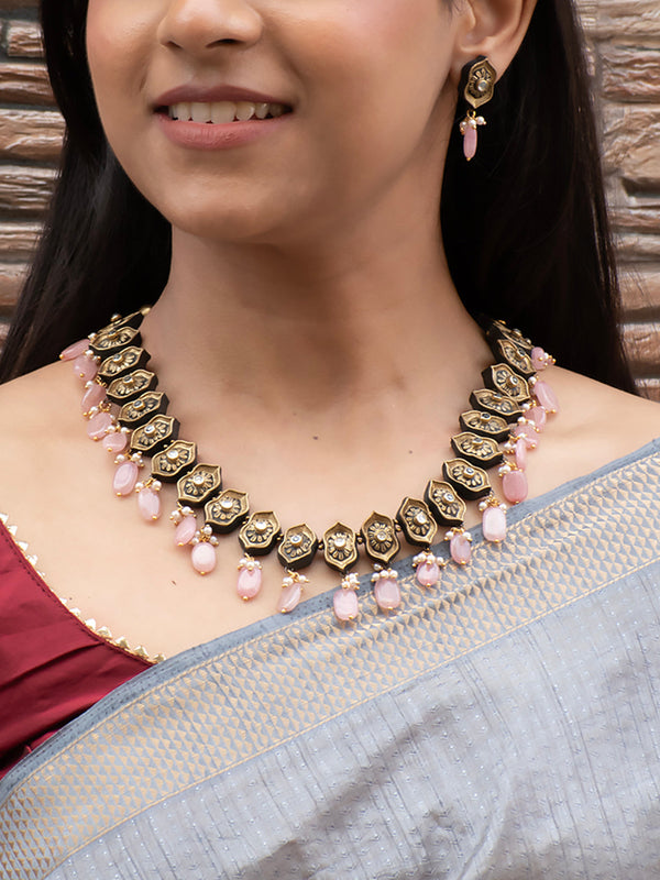 Antique Gold Floral Vector Pattern Pale Pink Kundan Stone Handmade Terracotta Necklace Set