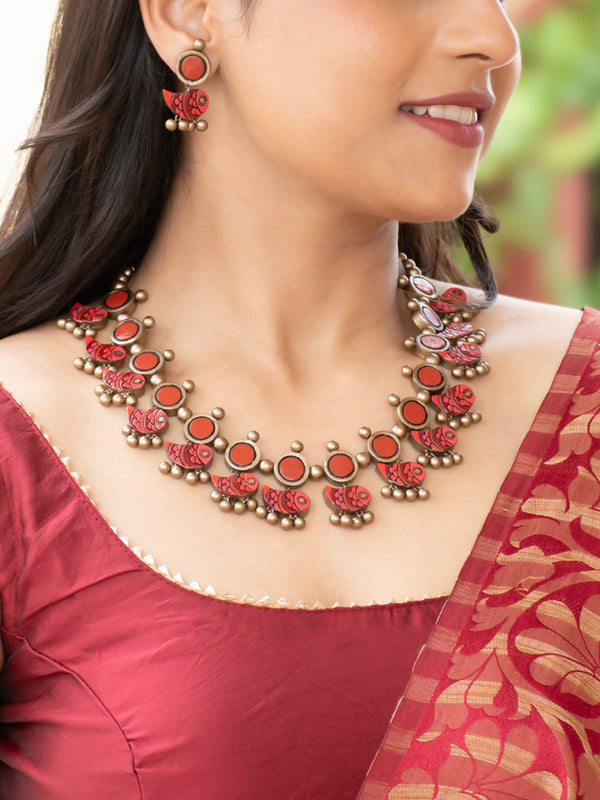 Red and Antique Gold Fish and Circular Design Handmade Terracotta Necklace Set