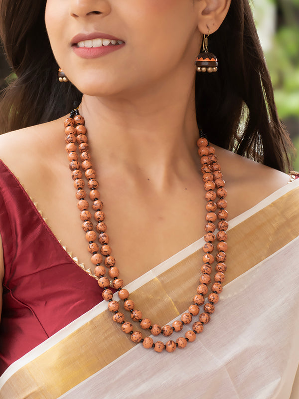 Shades of Wood and Brown Rustic Mala Two Layered Handmade Terracotta Necklace Set