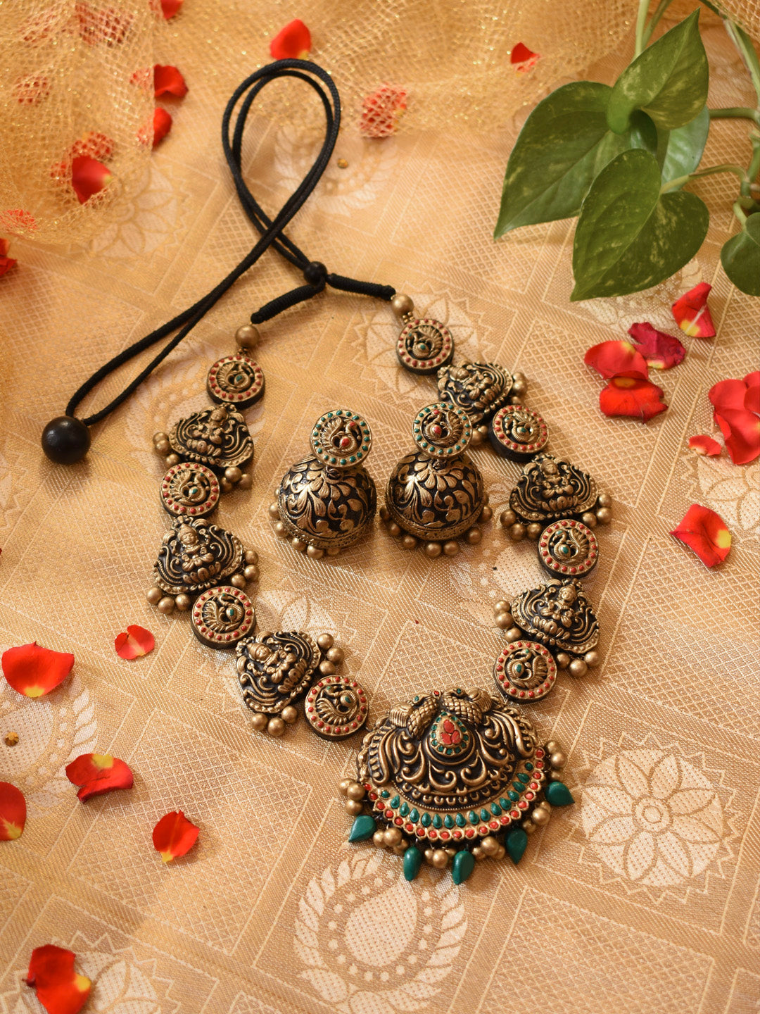 Antique Gold Red Green Orange Rajwadi Haram Style Lakshmi Peacock Design Handmade Terracotta Necklace Set