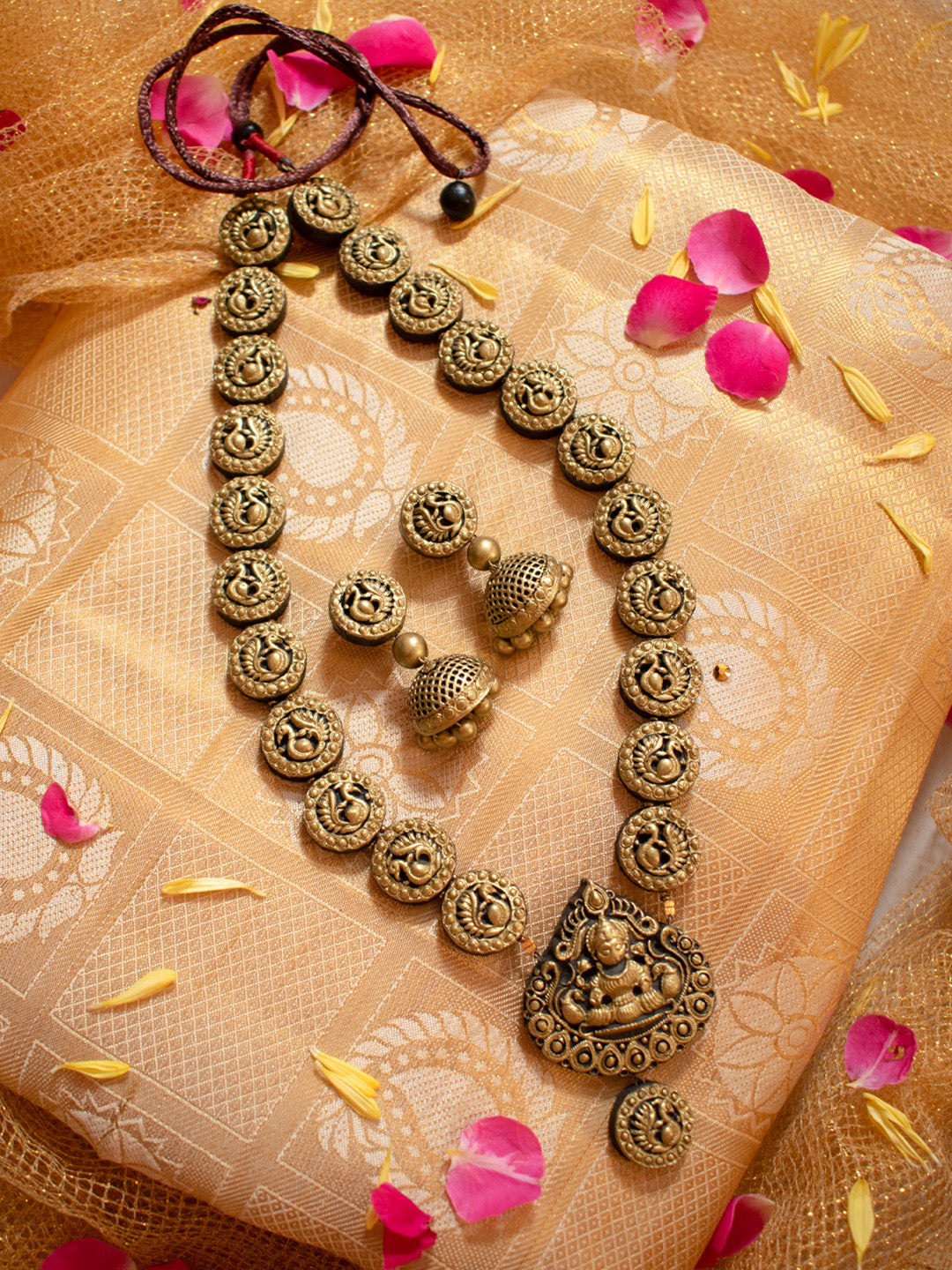 Lakshmi Peacock Design Long Haram Style Handmade Terracotta Necklace Set