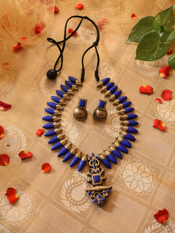 Ink Blue Antique Gold Floral Art Design Contemporary Handmade Terracotta Necklace Set