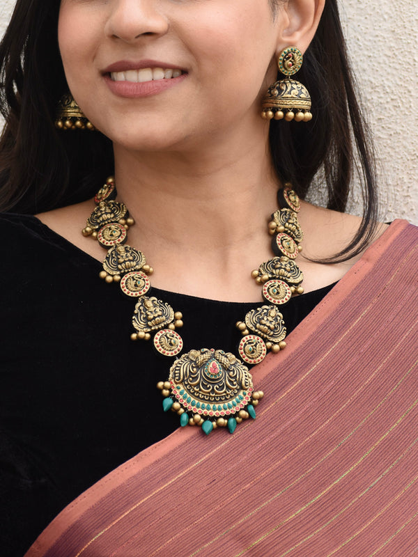 Antique Gold Red Green Orange Rajwadi Haram Style Lakshmi Peacock Design Handmade Terracotta Necklace Set