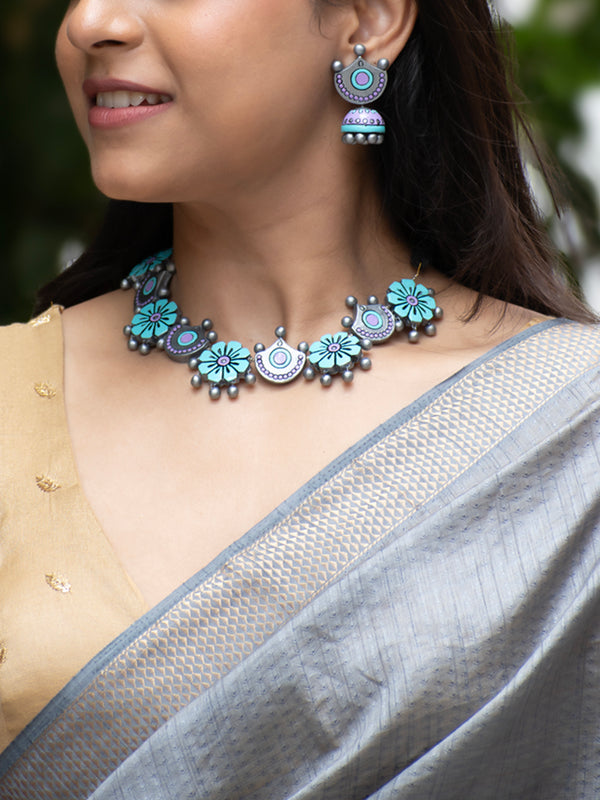 Pastel Blue Lavander and Silver Floral Design Contemporary Style Handmade Terracotta Necklace Set