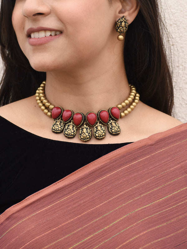 Maroon Antique Gold Ganesha Design Two Layered Minimalistic Temple Handmade Terracotta Necklace Set