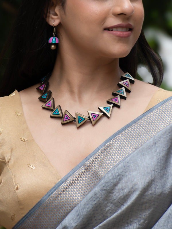 Pink Blue and Gold Triangular Design Minimalistic Handmade Terracotta Necklace Set