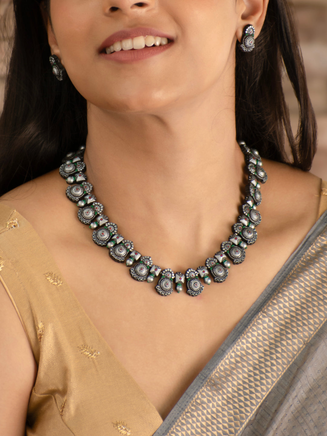 Antique Silver Red Green Meenakari Art Engraved Work Handmade Terracotta Necklace Set