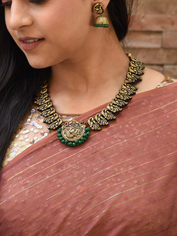 Antique Gold Red Green Peacock Design Handmade Terracotta Necklace Set