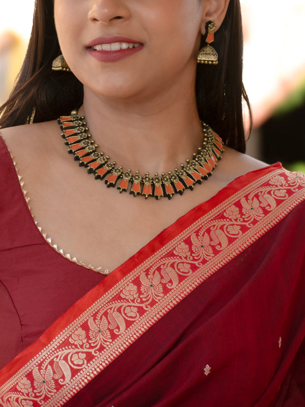 Orange Cadmimum Red Antique Gold Fringe Pattern Handmade Terracotta Necklace Set