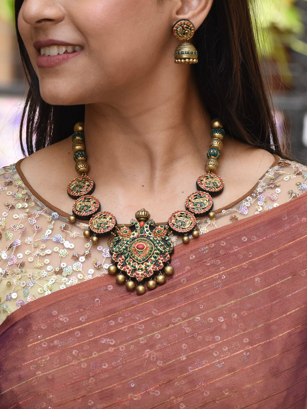 Antique Gold Red Green Orange Peacocks in Circular Disc Rajwadi Style Handmade Terracotta Necklace Set