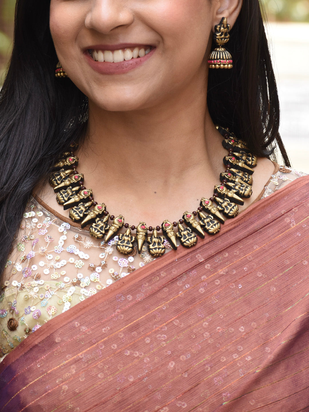 Antique Gold Red Fringe Lakshmi Peacock Design Handmade Terracotta Necklace Set