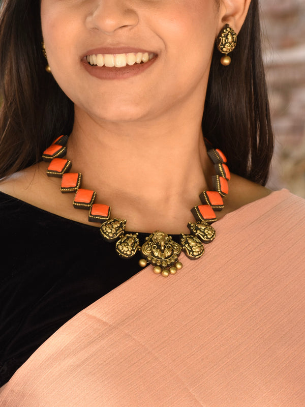 Antique Gold Orange Ganesha and Rhombus Design Handmade Terracotta Necklace Set