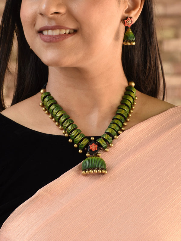 Green Antique Gold Orange Dome Shaped Jhumka Design Handmade Terracotta Necklace Set