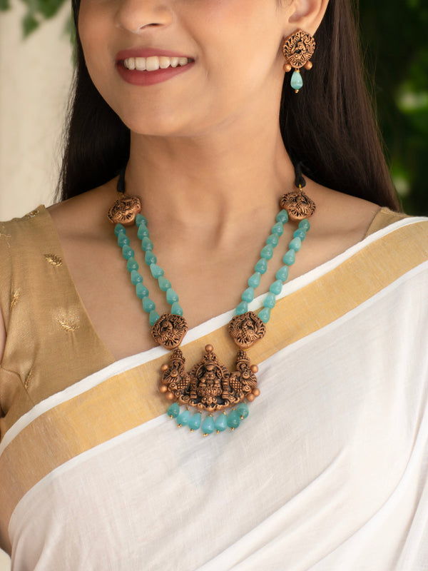 Gold and Teal Blue Nagas Design Lakshmi Peacock Design Haram Style Handmade Terracotta Necklace Set