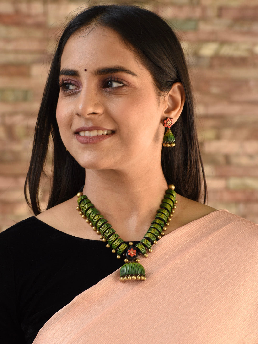 Green Antique Gold Orange Dome Shaped Jhumka Design Handmade Terracotta Necklace Set