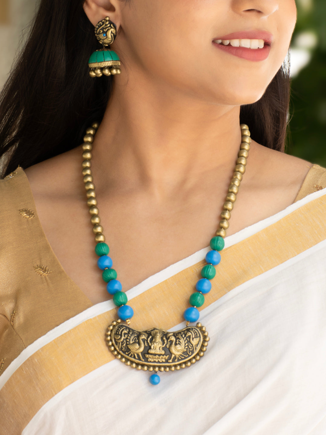 Antique Gold Green Blue Lakshmi Design Mala Handmade Terracotta Necklace Set