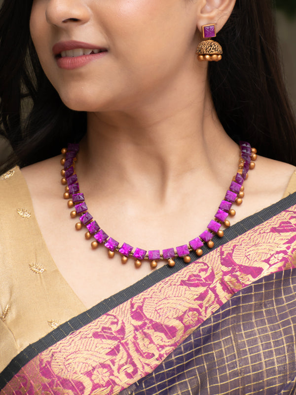 Purple and Gold Kundan Fusion Square Design Handmade Terracotta Necklace Set