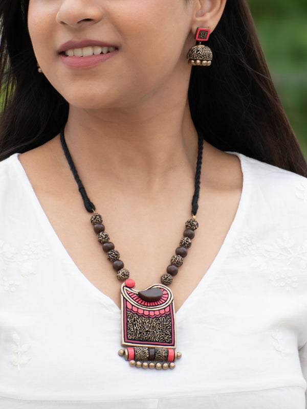 Pink Dark Pink and Antique Bronze Paisley Art Design Handmade Terracotta Necklace Set