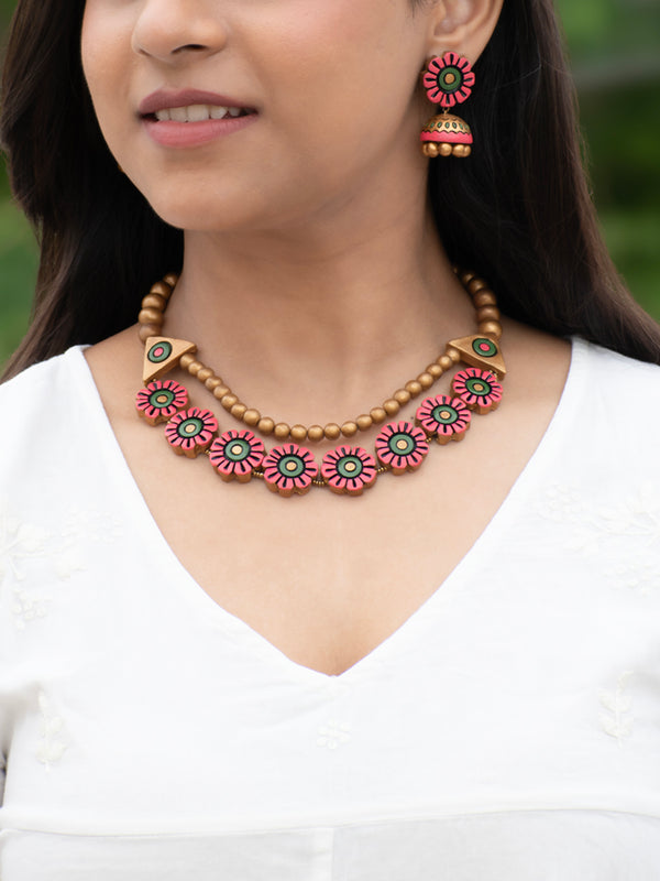 Pink Green and Gold Floral Design Handmade Terracotta Necklace Set