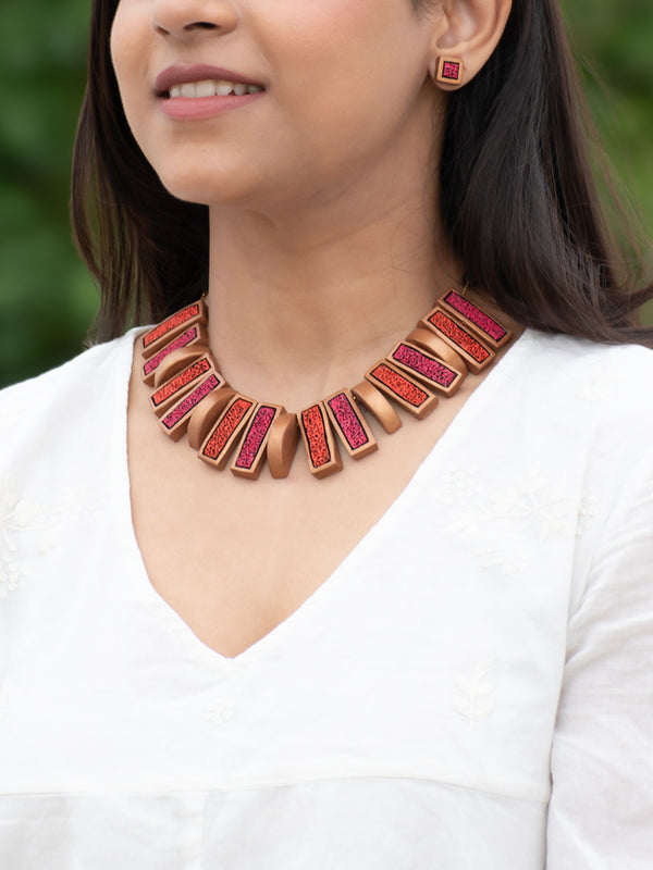 Pink Orange and Gold Fringe Boho Pattern Handmade Terracotta Necklace Set