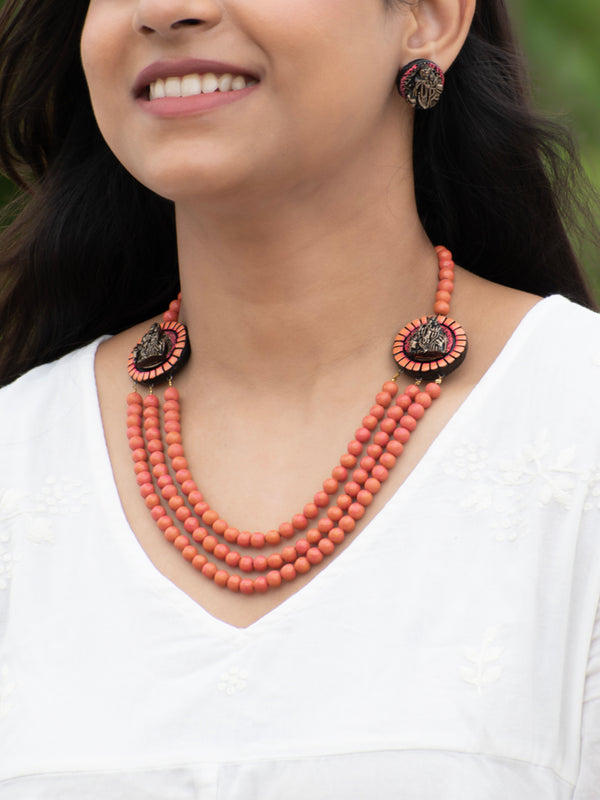 Peach and Antique Gold Three Layered Mala Krishna Design Handmade Terracotta Necklace Set