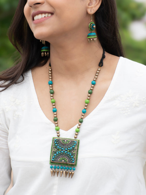 Teal, Sap Green, Light Green and Antique Bronze Mandala Art Square Pendant Mala Handmade Terracotta Necklace Set