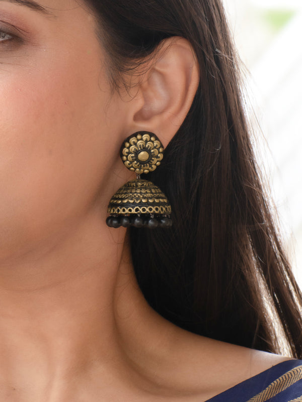 Antique Gold and Black Floral Design Handmade Terracotta Jhumka Earring