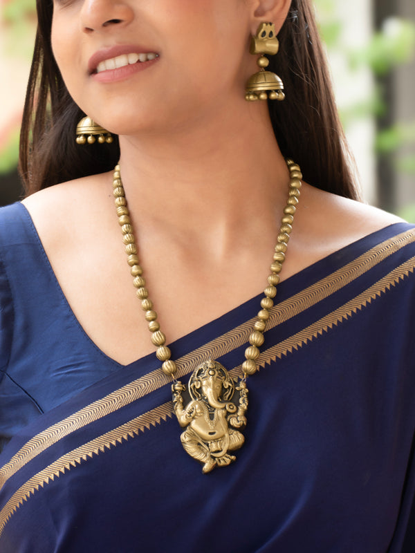 Antique Gold Ganesha Pendant Design Mala Handmade Terracotta Necklace Set