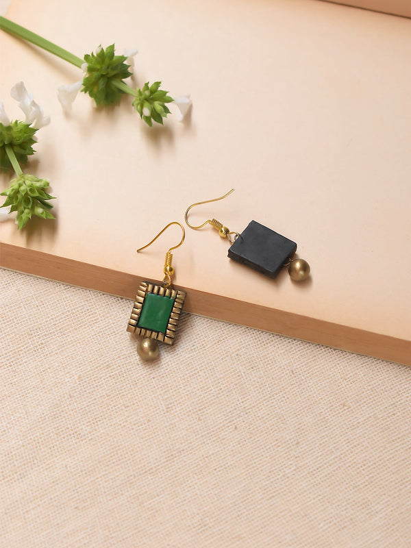 Handmade Terracotta Square Shape Green Tiny Stud