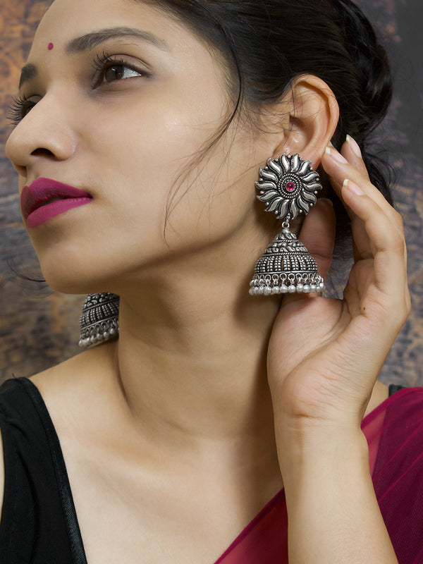 Designer Oxidized Silver Plated Sun Design Stud With Hanging Ghungroos Jhumka Earring