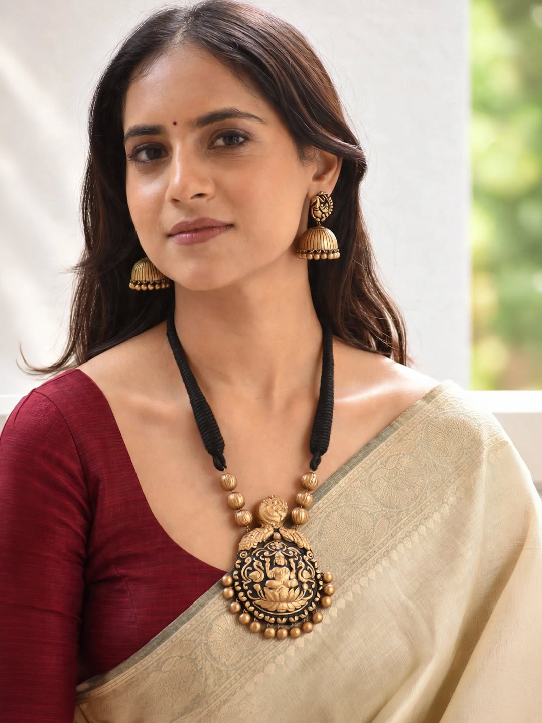 Antique Gold Toned Lakshmi Design Pendant Terracotta Medium Necklace Set