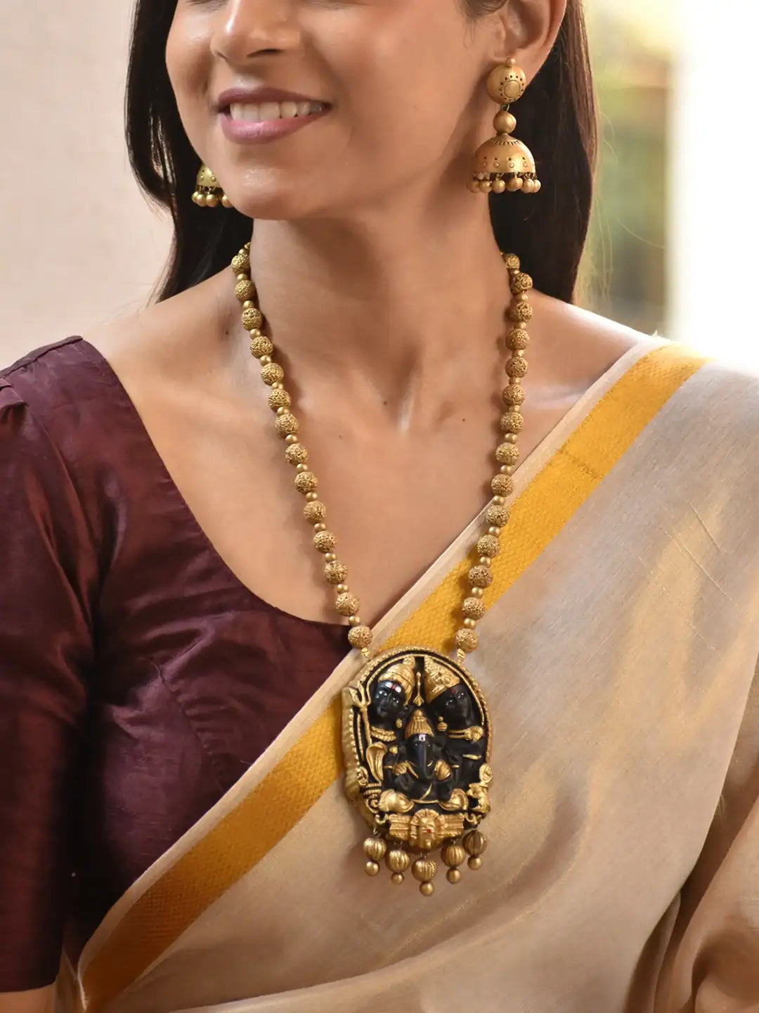 Mahashakti Vinayaka — Antique Gold Toned Ganesha And Durga Design Pendant Terracotta Medium Necklace Set