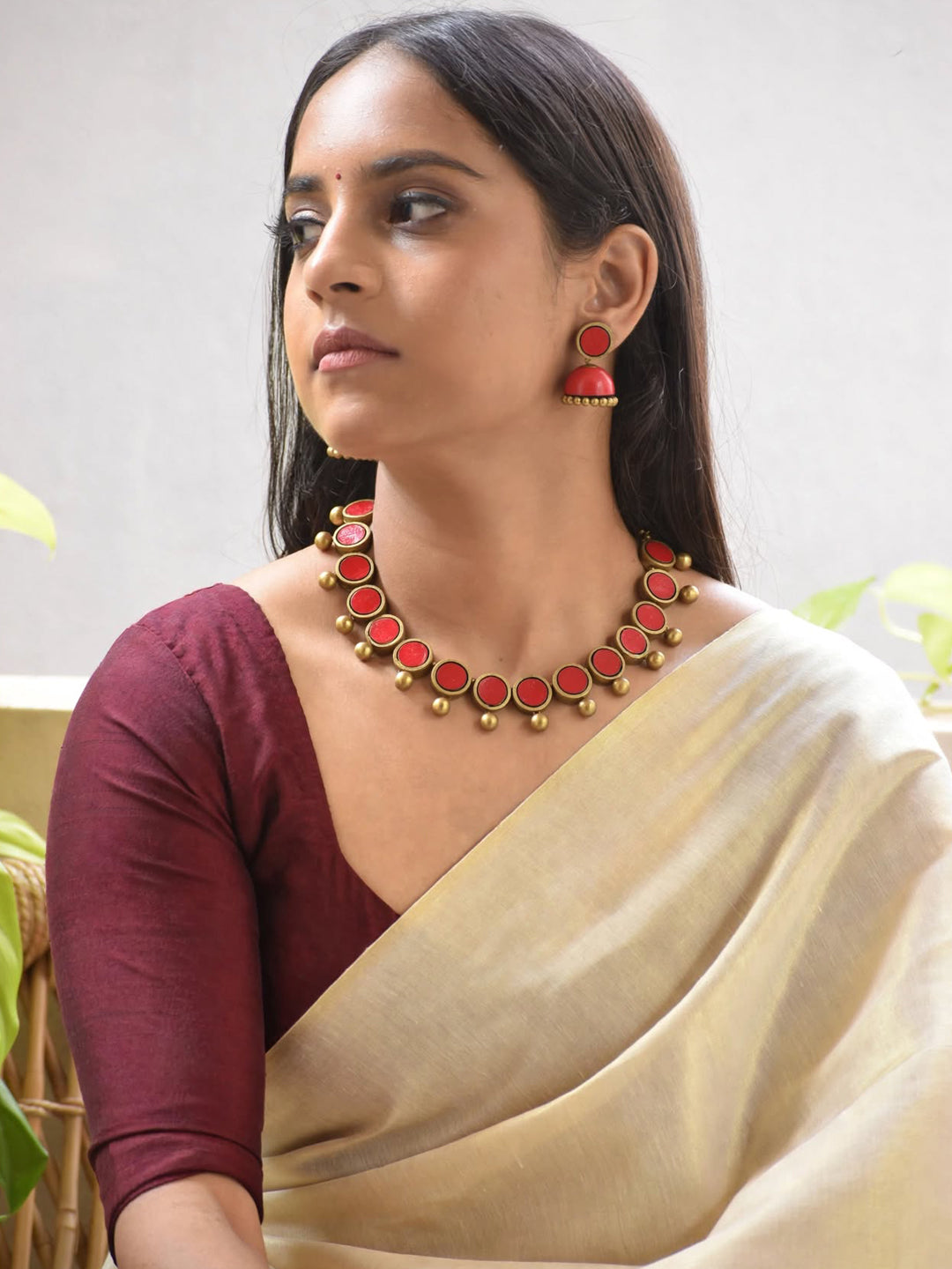 Antique Gold Toned Red Color Circular Shape Terracotta Choker Necklace Set