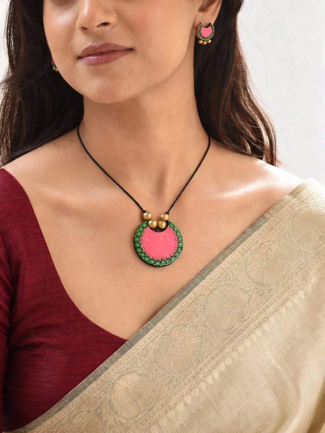 Antique Gold Toned Pink And Green Color Halfmoon Design Pendant Terracotta Medium Necklace Set
