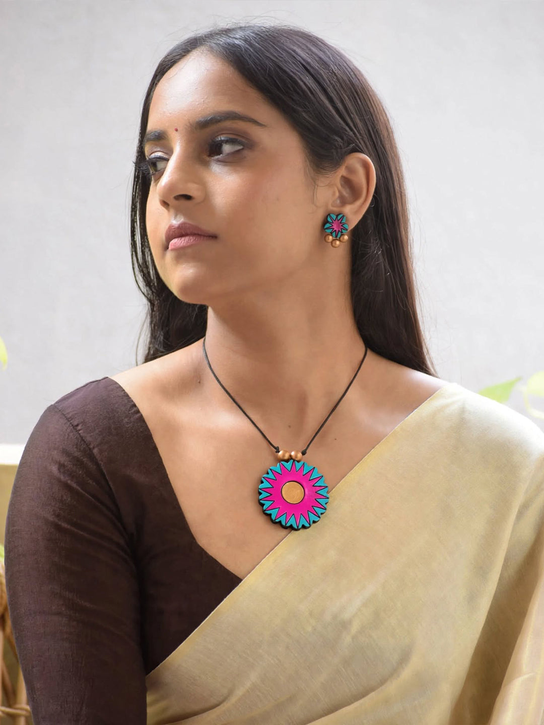 Antique Gold Toned Pink And Blue Color Circular Shape Star Design Pendant Terracotta Medium Necklace Set