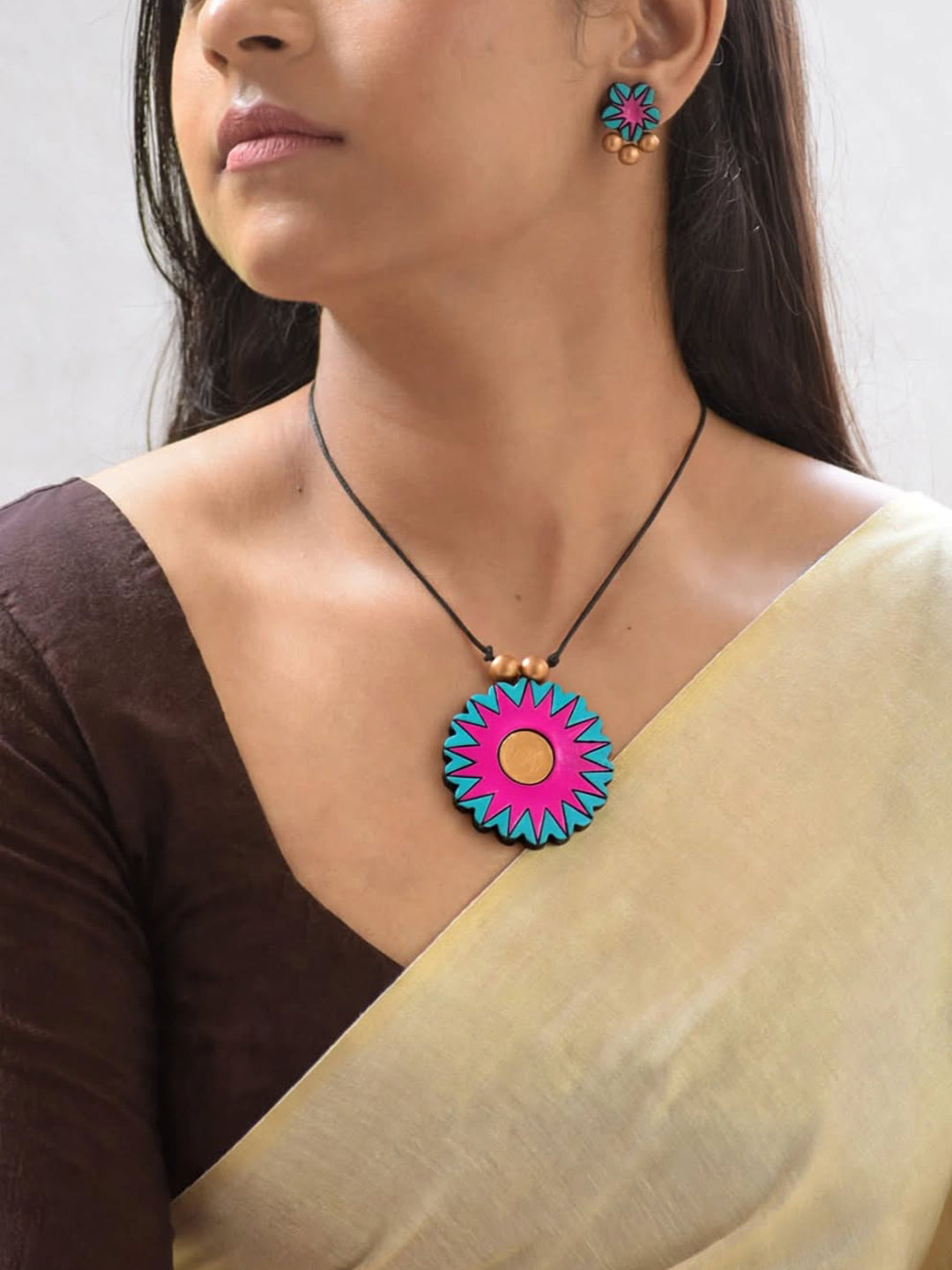 Antique Gold Toned Pink And Blue Color Circular Shape Star Design Pendant Terracotta Medium Necklace Set