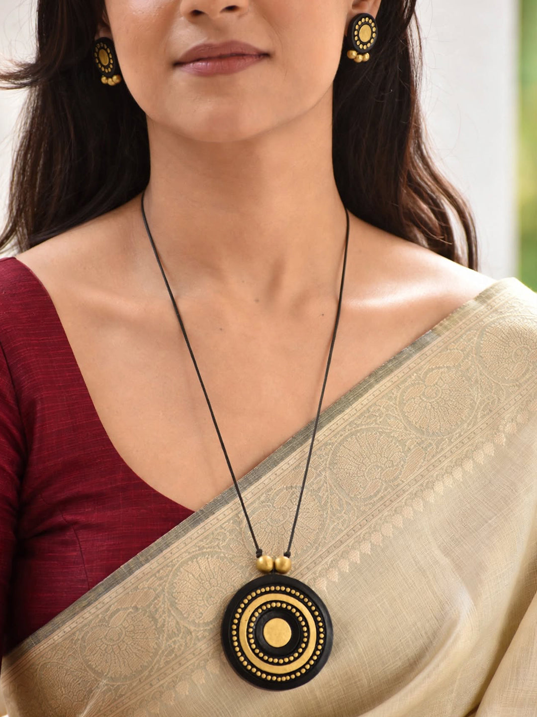Antique Gold Toned Black And Gold Color Geometric Design Pendant Terracotta Medium Necklace Set